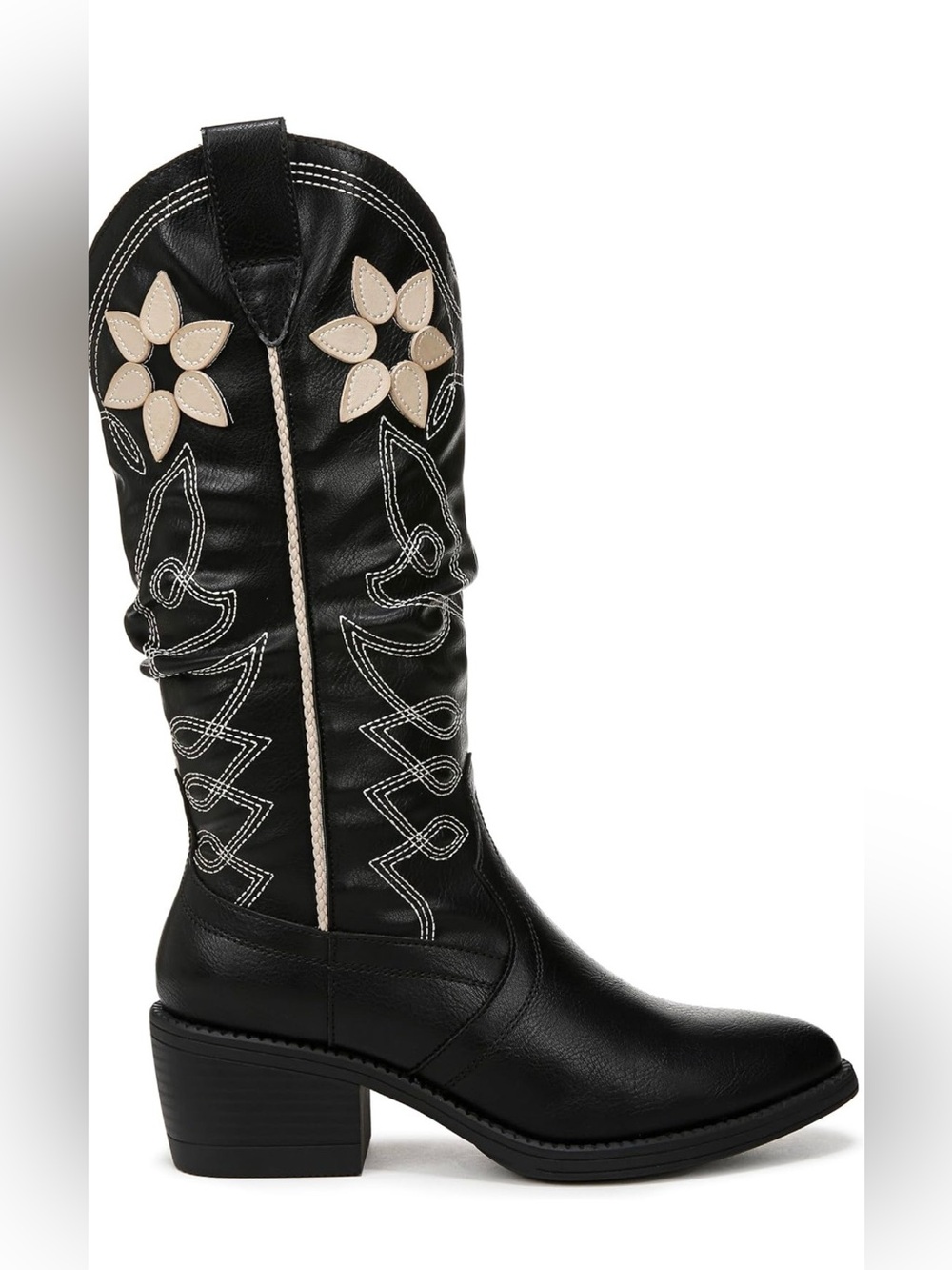 Black Western Knee-High Boots with Cream Floral Appliqué - Picture 3 of 15